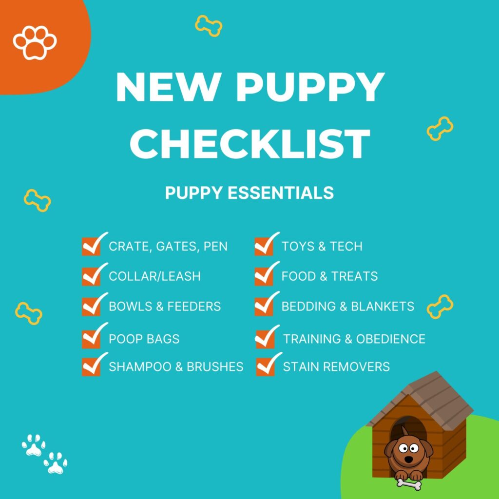 Puppy supply checklist including crate, food bowls, leash, toys, and puppy bed.